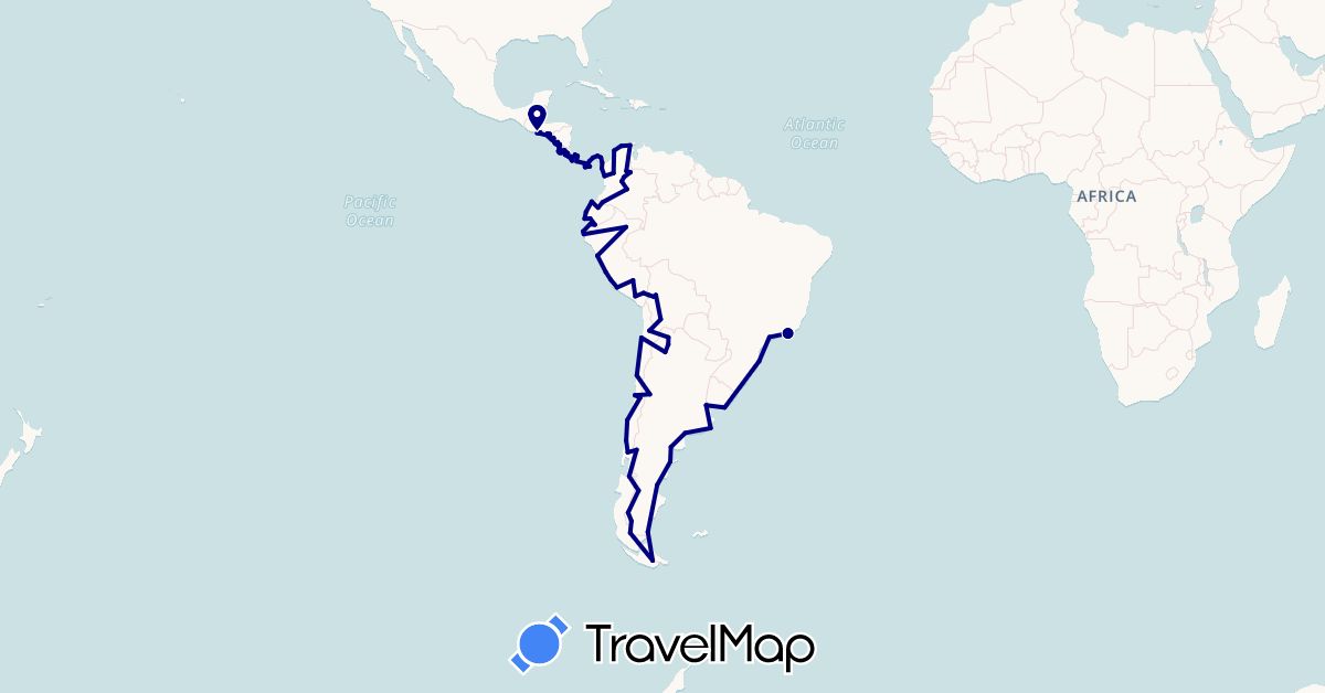 TravelMap itinerary: driving in Argentina, Bolivia, Brazil, Chile, Colombia, Costa Rica, Ecuador, Honduras, Nicaragua, Panama, Peru, El Salvador, Uruguay (North America, South America)
